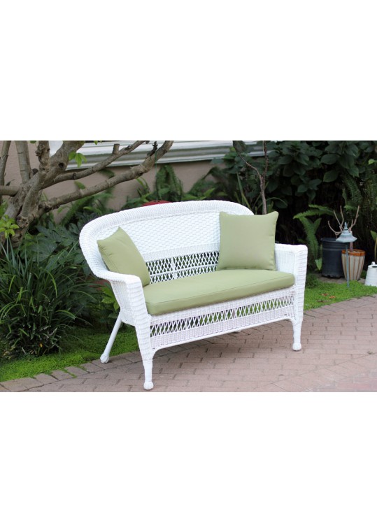 White Wicker Patio Love Seat With Sage Green Cushion and Pillows