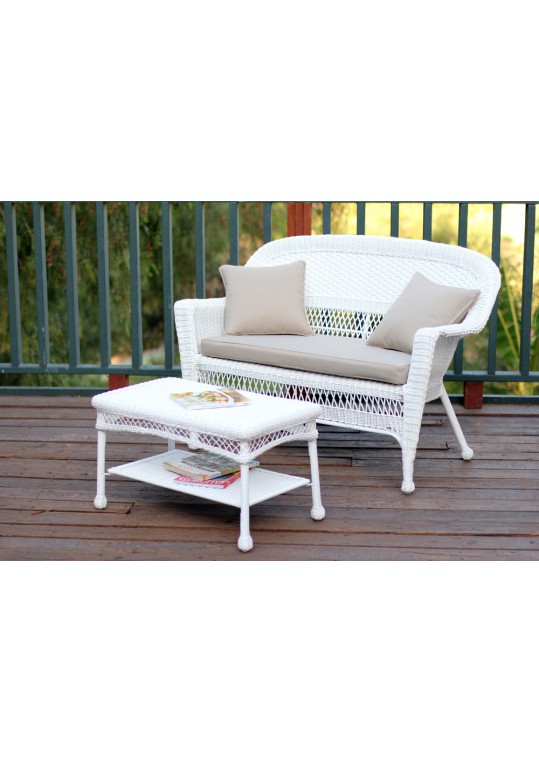 White Wicker Patio Love Seat And Coffee Table Set With Tan Cushion