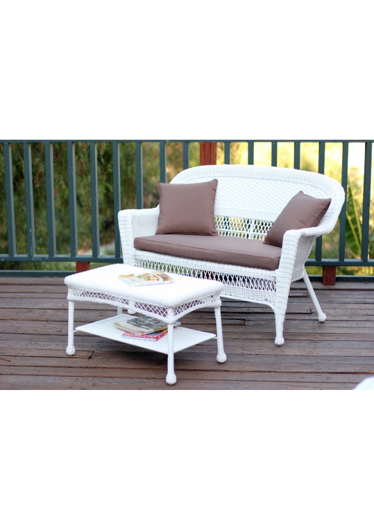 White Wicker Patio Love Seat And Coffee Table Set With Brown Cushion