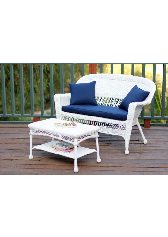 White Wicker Patio Love Seat And Coffee Table Set With Midnight Blue Cushion