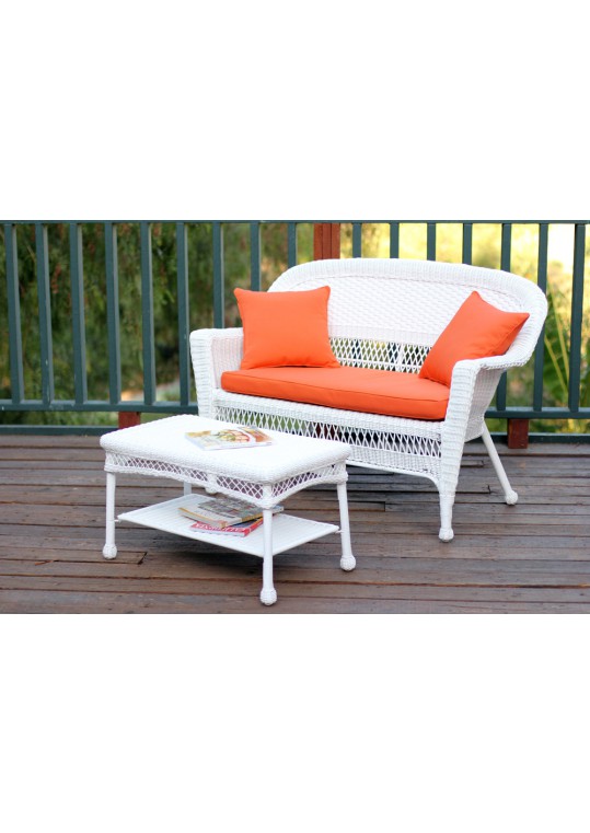 White Wicker Patio Love Seat And Coffee Table Set With Orange Cushion