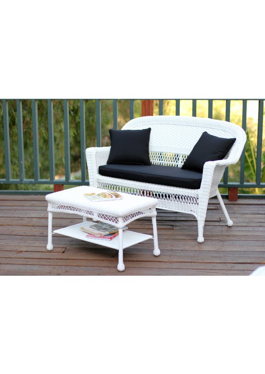 White Wicker Patio Love Seat And Coffee Table Set With Black Cushion