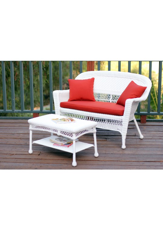 White Wicker Patio Love Seat And Coffee Table Set With Brick Red Cushion