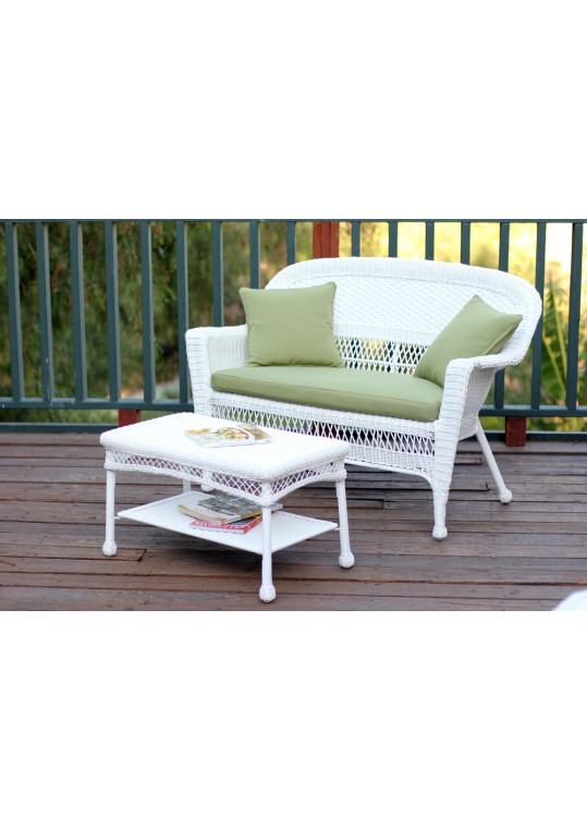 White Wicker Patio Love Seat And Coffee Table Set With Sage Green Cushion