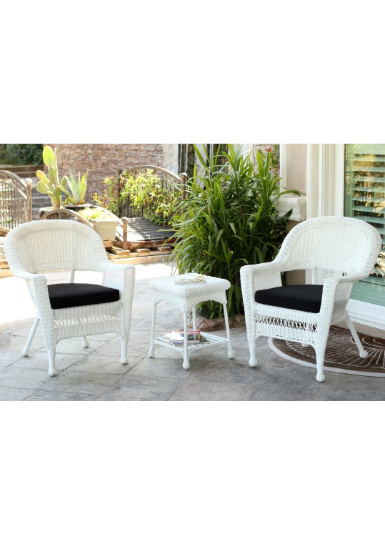White Wicker Chair And End Table Set With Black Chair Cushion