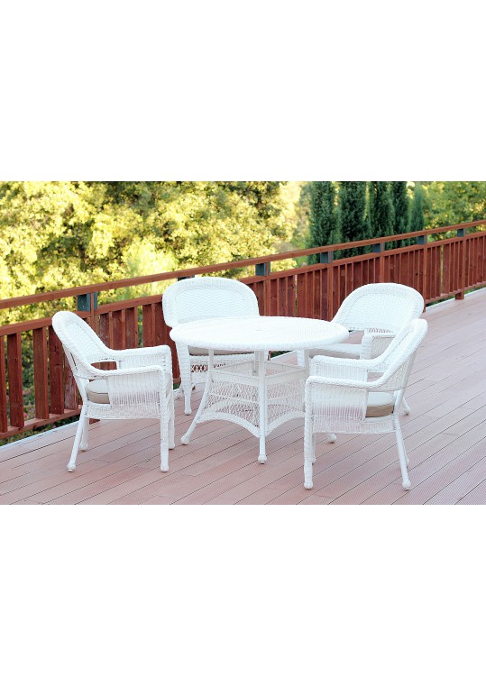 5pc White Wicker Dining Set - Tan Cushions