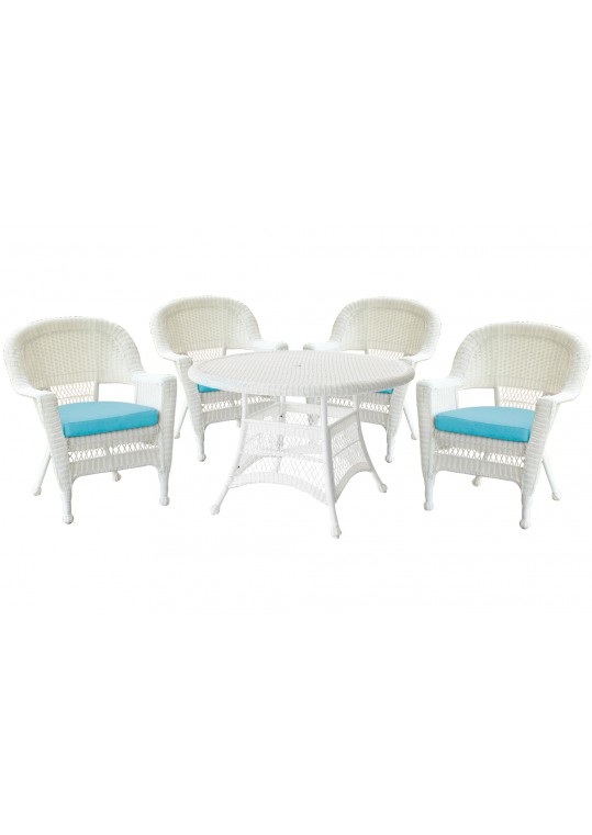 5pc White Wicker Dining Set - Sky Blue Cushions