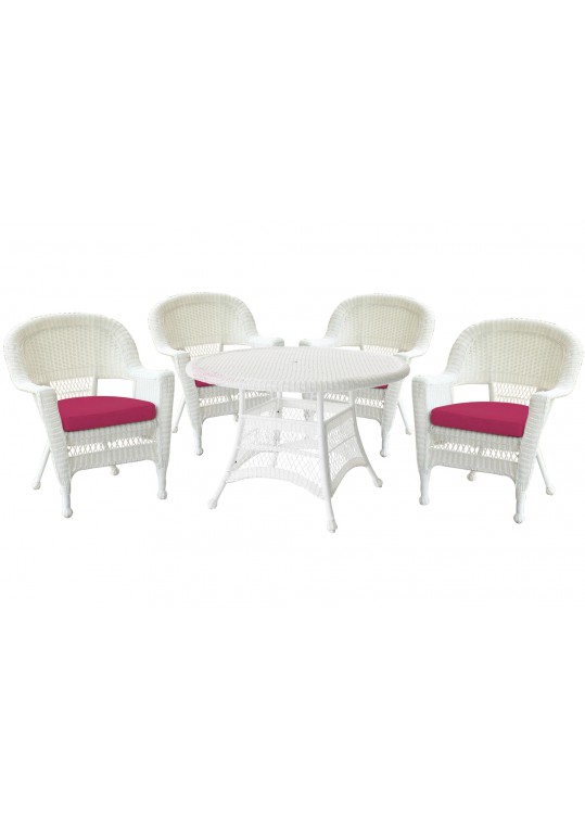 5pc White Wicker Dining Set - Red Cushions