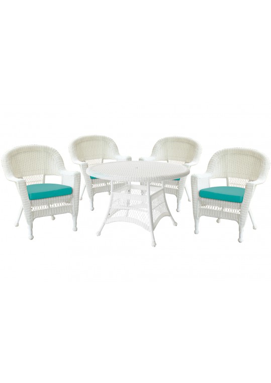 5pc White Wicker Dining Set - Turquoise Cushions