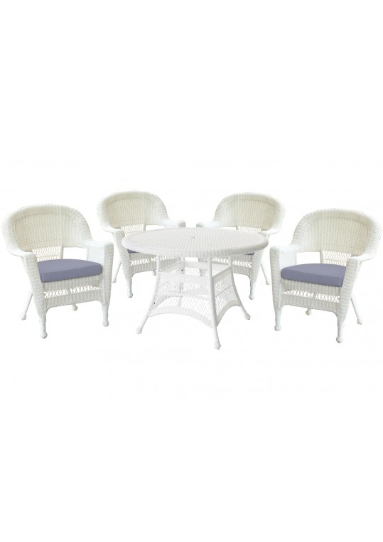 5pc White Wicker Dining Set - Steel Blue Cushions