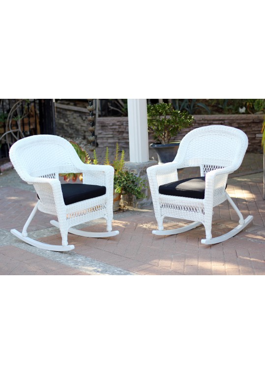 White Rocker Wicker Chair with Black Cushion- Set of 2