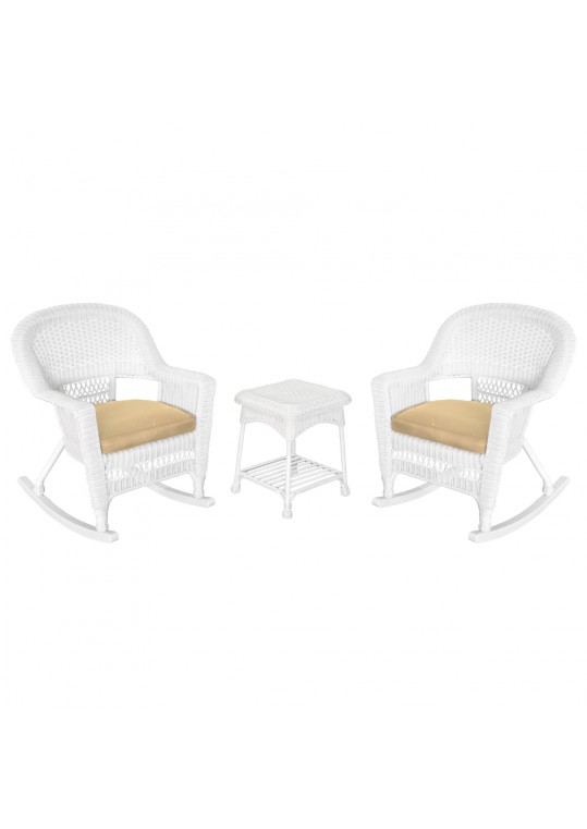 3pc White Rocker Wicker Chair Set With Tan Cushion