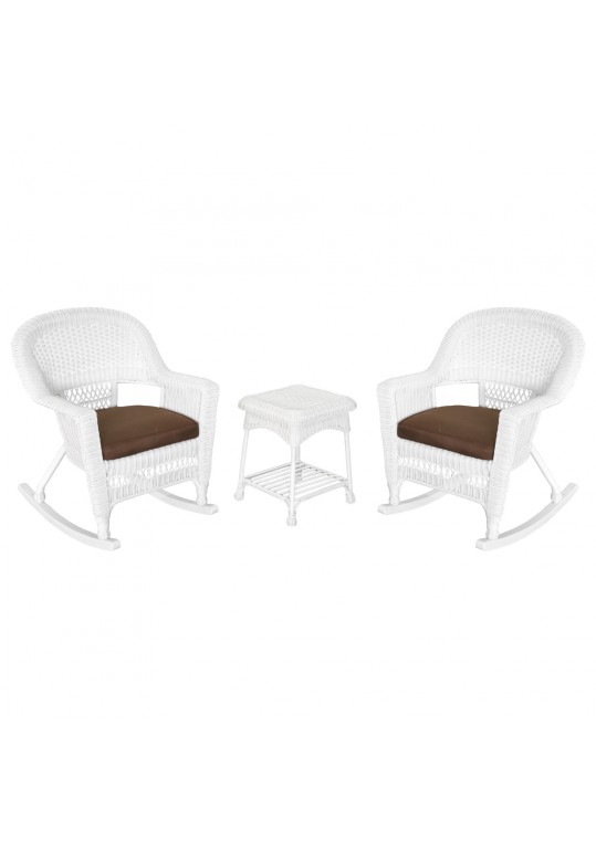 3pc White Rocker Wicker Chair Set With Brown Cushion