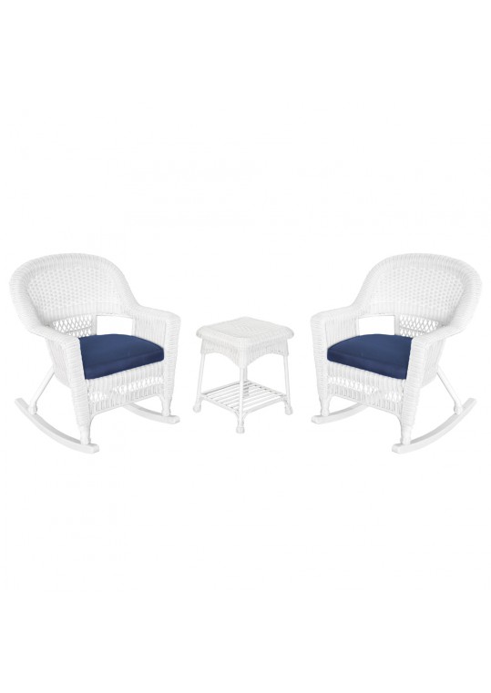 3pc White Rocker Wicker Chair Set With Midnight Blue Cushion