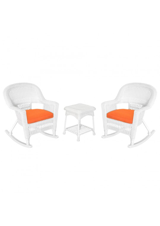 3pc White Rocker Wicker Chair Set With Orange Cushion