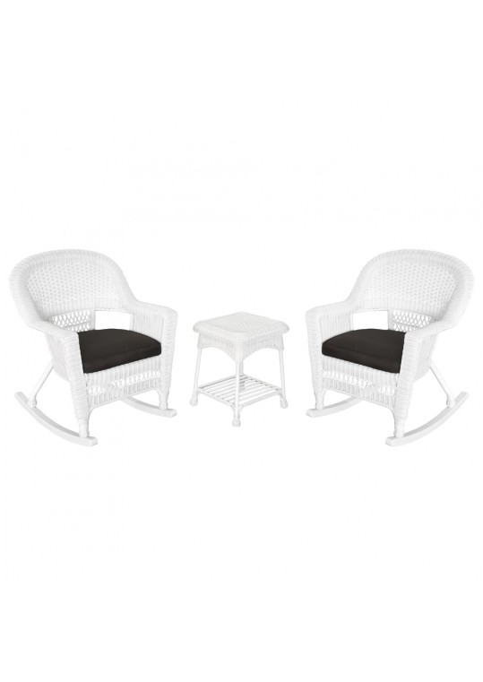 3pc White Rocker Wicker Chair Set With Black Cushion