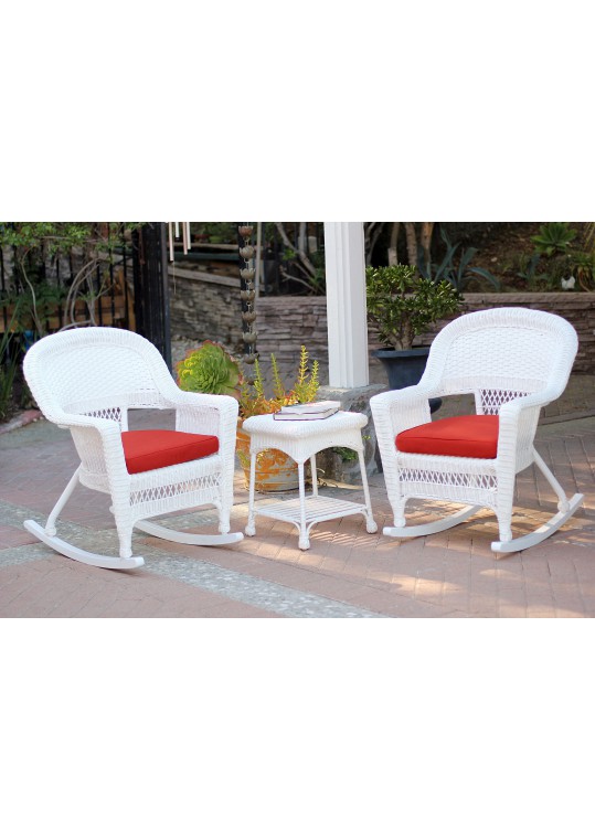 3pc White Rocker Wicker Chair Set With Brick Red Cushion