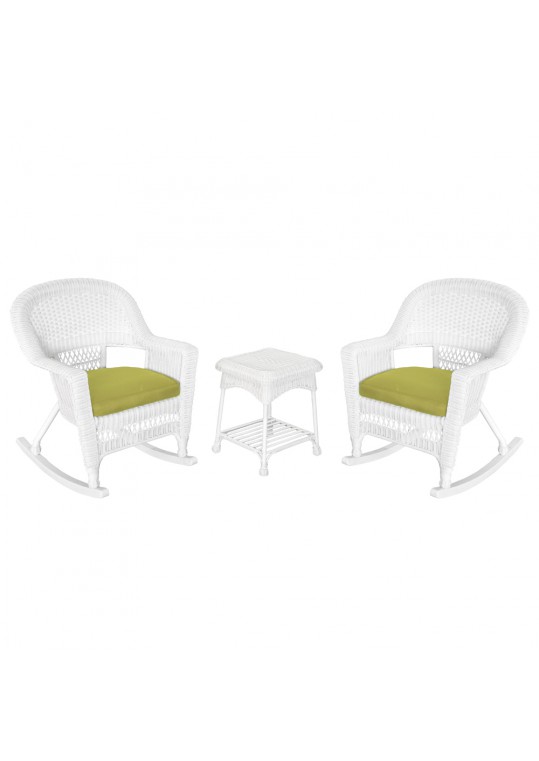 3pc White Rocker Wicker Chair Set With Sage Green Cushion