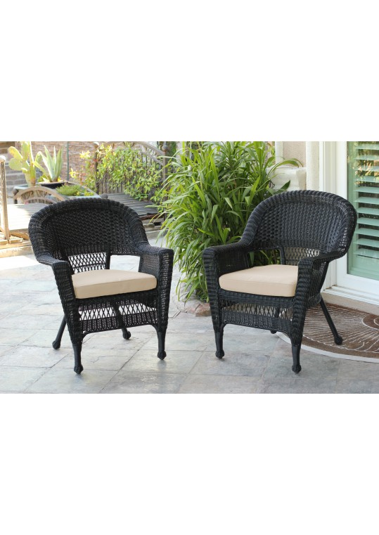 Black Wicker Chair With Tan Cushion - Set of 4