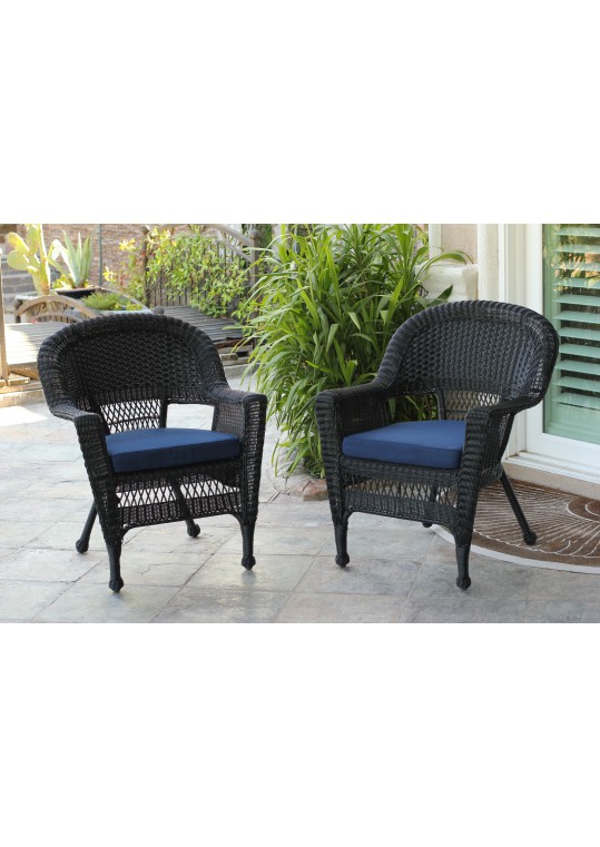 Black Wicker Chair With Midnight Blue Cushion - Set of 4