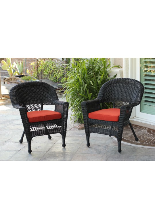 Black Wicker Chair With Brick Red Cushion - Set of 4