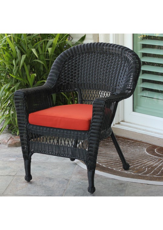 Black Wicker Chair With Brick Red Cushion