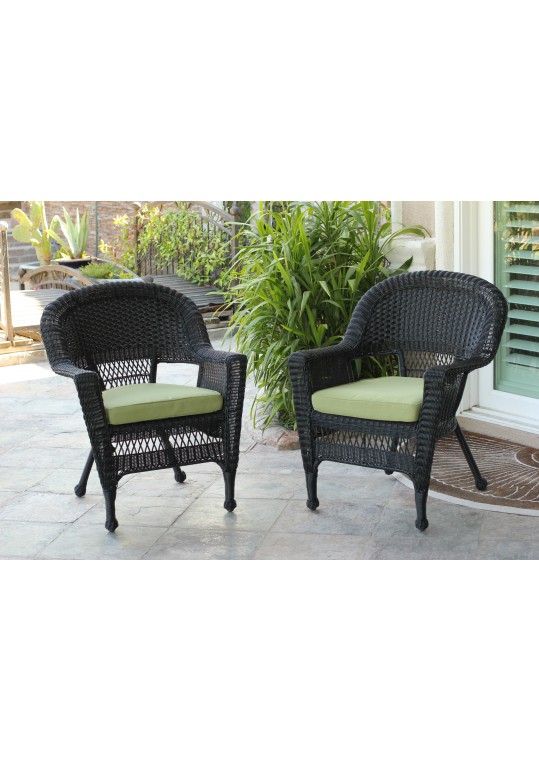 Black Wicker Chair With Sage Green Cushion - Set of 4