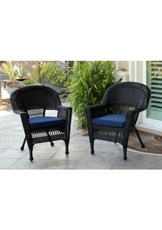Black Wicker Chair With Midnight Blue Cushion - Set of 2