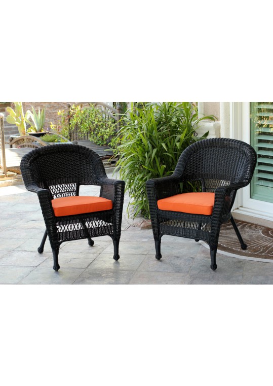 Black Wicker Chair With Orange Cushion - Set of 2