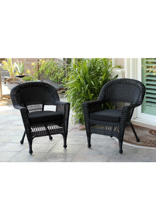 Black Wicker Chair With Black Cushion - Set of 2