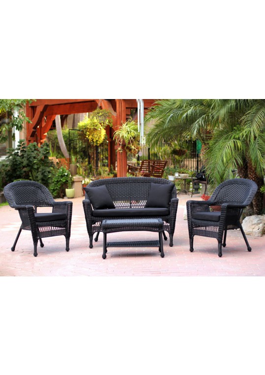 4pc Black Wicker Conversation Set - Black Cushions