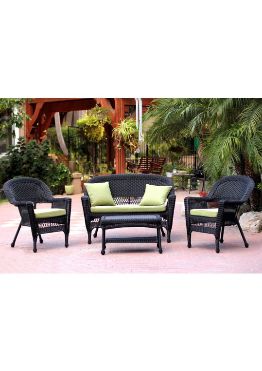 4pc Black Wicker Conversation Set - Sage Green Cushions