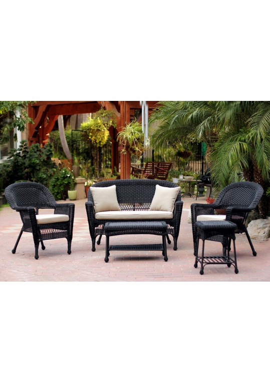 5pc Black Wicker Conversation Set - Tan Cushion