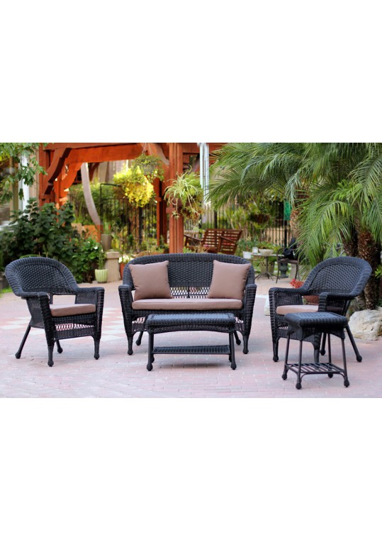 5pc Black Wicker Conversation Set - Brown Cushions