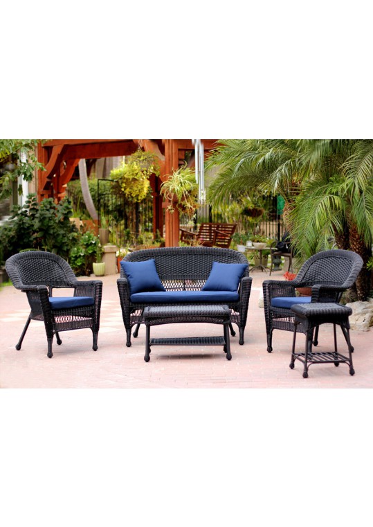 5pc Black Wicker Conversation Set - Midnight Blue Cushions