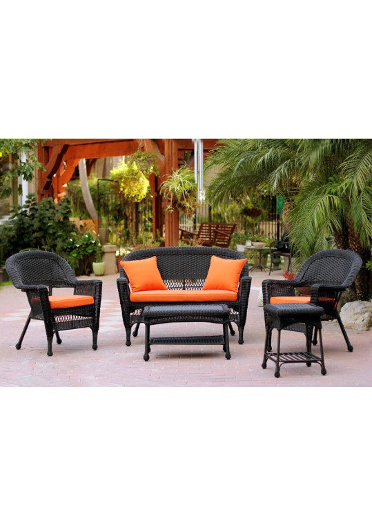 5pc Black Wicker Conversation Set - Orange Cushions