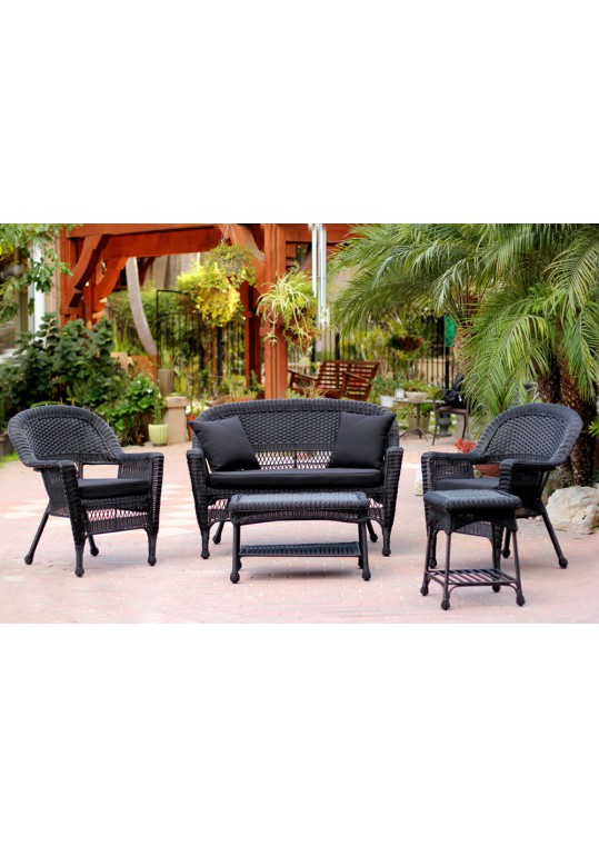 5pc Black Wicker Conversation Set - Black Cushions