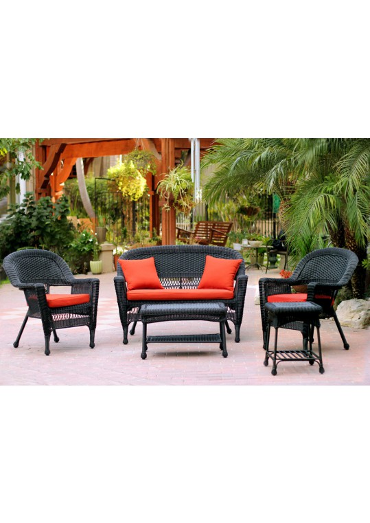 5pc Black Wicker Conversation Set - Brick Red Cushions