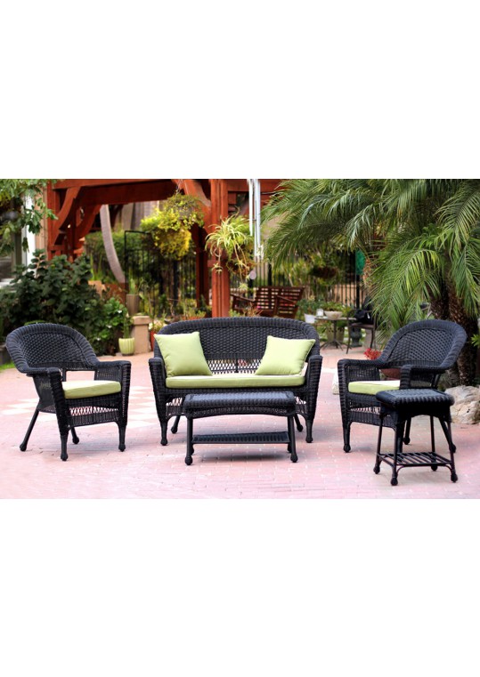 5pc Black Wicker Conversation Set - Sage Green Cushions