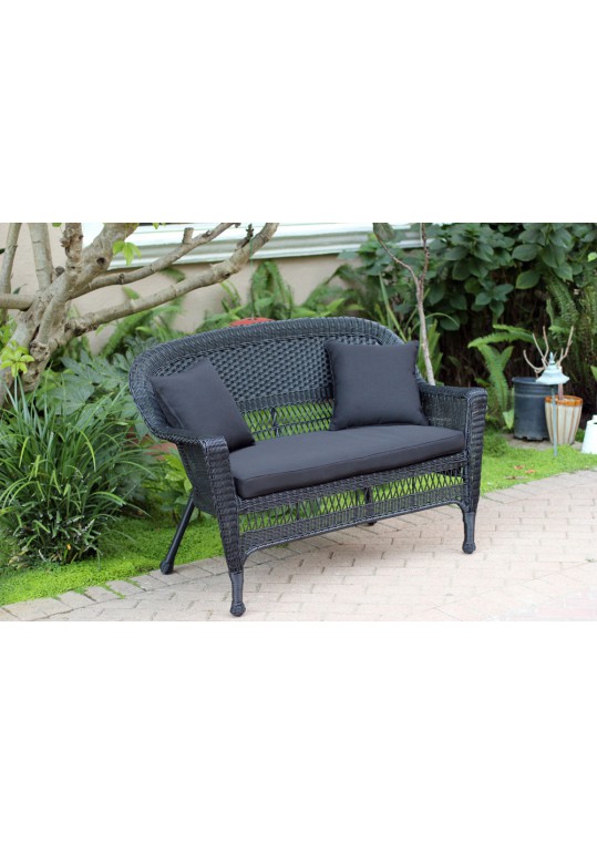 Black Wicker Patio Love Seat With Black Cushion and Pillows