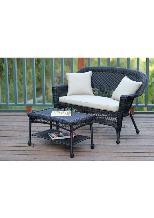 Black Wicker Patio Love Seat And Coffee Table Set With Tan Cushion