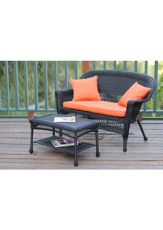 Black Wicker Patio Love Seat And Coffee Table Set With Orange Cushion