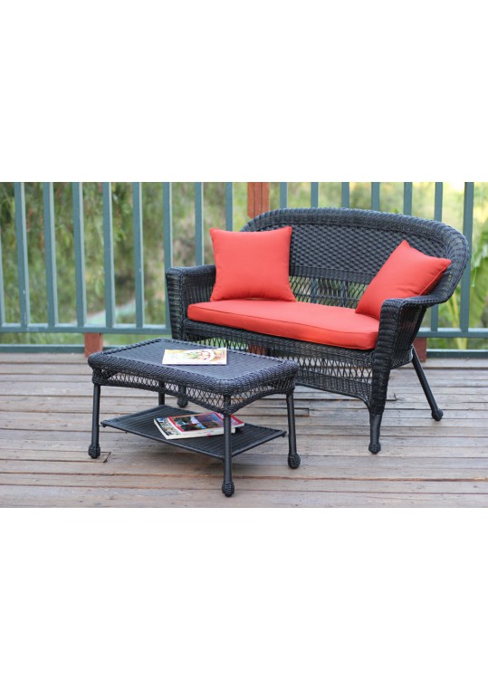 Black Wicker Patio Love Seat And Coffee Table Set With Brick Red Cushion