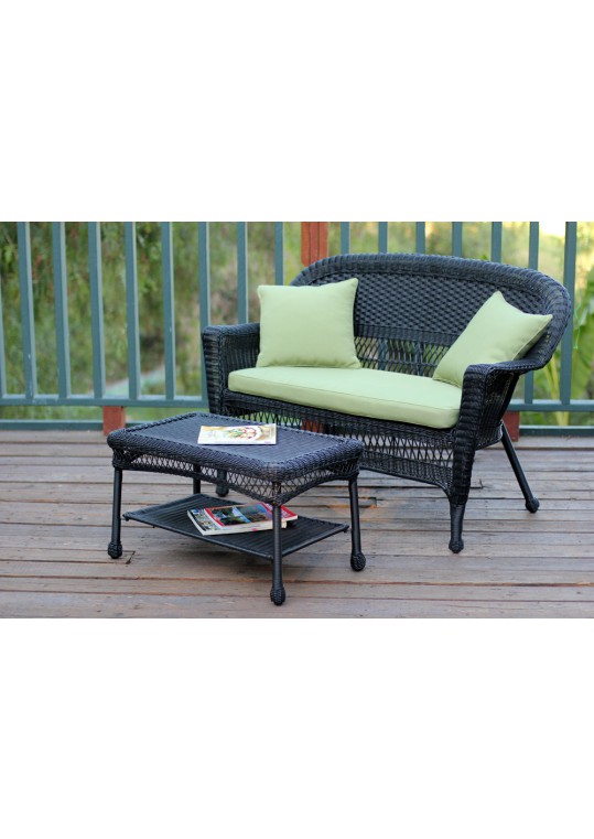 Black Wicker Patio Love Seat And Coffee Table Set With Sage Green Cushion