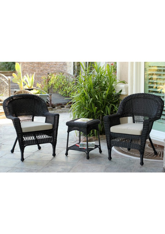 Black Wicker Chair And End Table Set With Tan Cushion