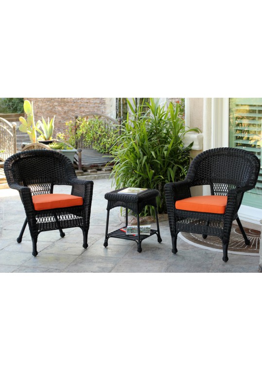 Black Wicker Chair And End Table Set With Orange Cushion