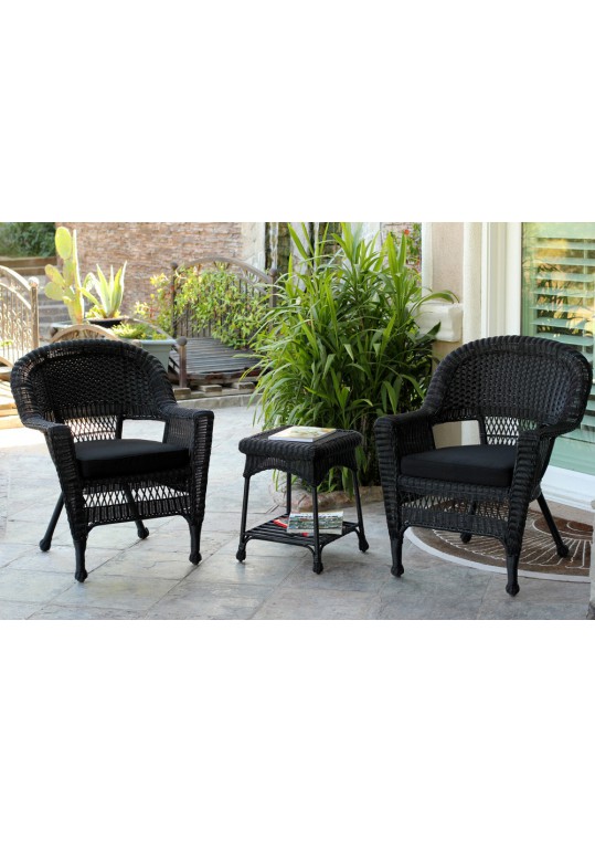Black Wicker Chair And End Table Set With Black Cushion