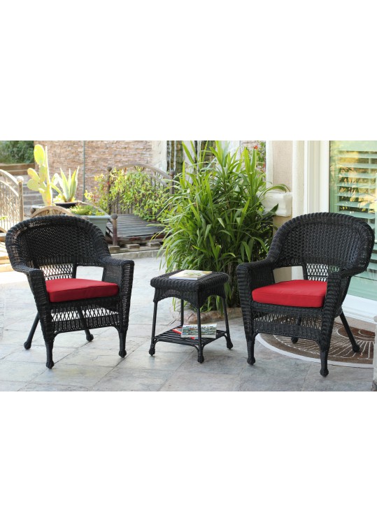 Black Wicker Chair And End Table Set With Brick Red Cushion