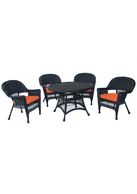 5pc Black Wicker Dining Set - Orange Cushions