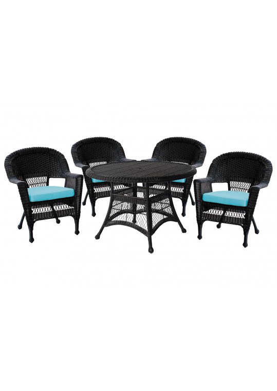 5pc Black Wicker Dining Set - Sky Blue Cushions